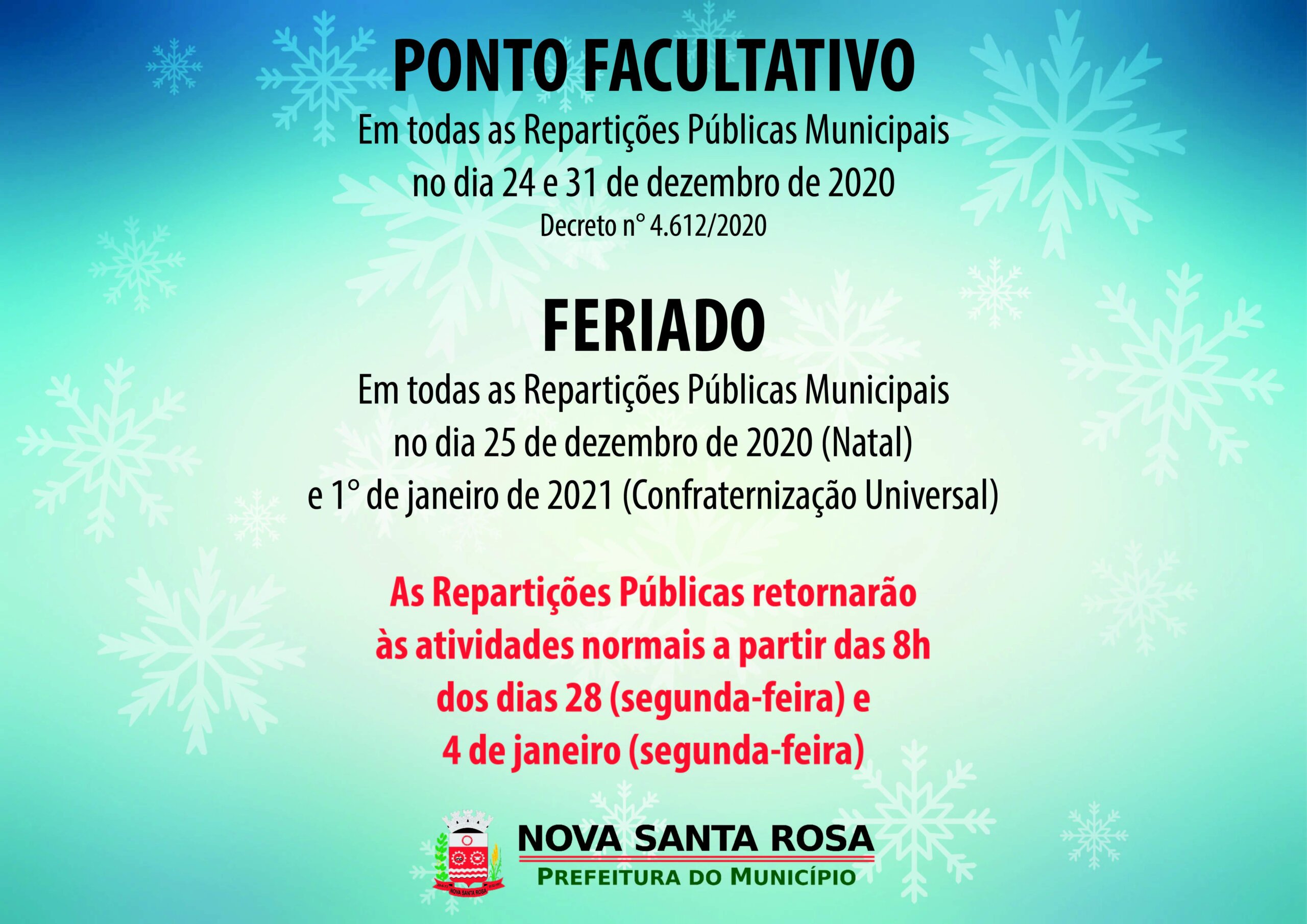 FINAL DE ANO - Prefeitura terá atendimento normal para a população durante  as semanas de Natal e Ano Novo