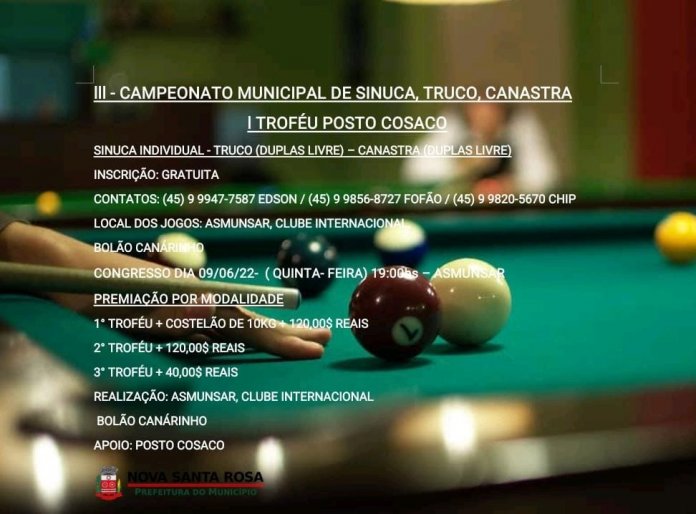 INSCRIÇÕES ABERTAS PARA O CAMPEONATO MUNICIPAL DE SINUCA