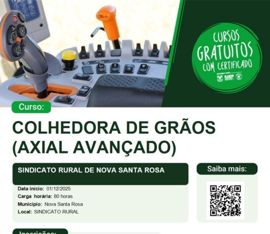 Curso gratuito de Colhedora de Grãos (Axial Avançado) está com inscrições abertas em Nova Santa Rosa