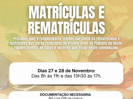 Matrículas e rematrículas do Projeto Viver de Planalto do Oeste acontecem nos dias 27 e 28 de novembro