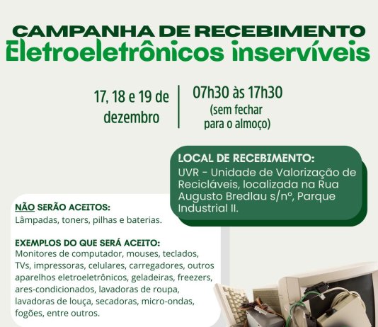 Campanha de recolhimento de eletroeletrônicos inservíveis inicia amanhã (17) em Nova Santa Rosa