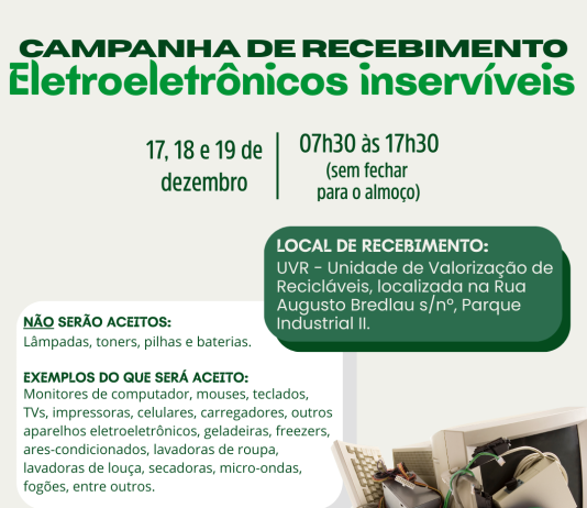 Nova Santa Rosa promove campanha de recebimento de eletroeletrônicos inservíveis nos dias 17, 18 e 19 de dezembro